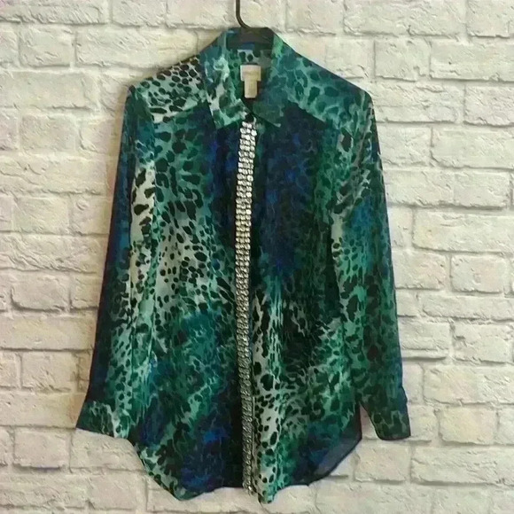 Chicos Women Blue Leopard Print Stone Lace Embellished Long Sleeve Shirt 0 - Picture 1 of 8